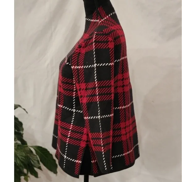 Anne Klein Womens Red Black Plaid Mock Neck 3/4 Sleeve Knit Sweater Size S - Picture 2 of 5